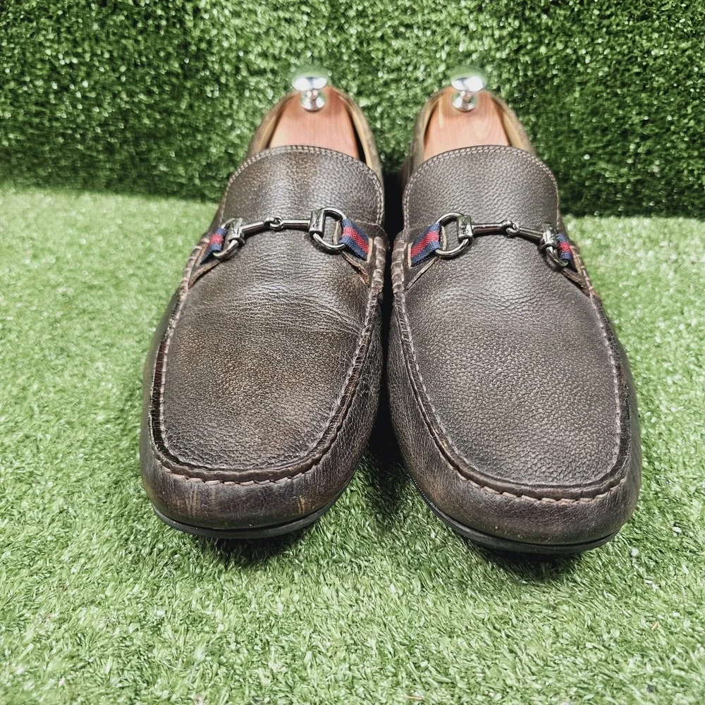 Martin Dingman Bermuda Brown Pebble Grain Leather Horse Bit Loafers Mens Size 15